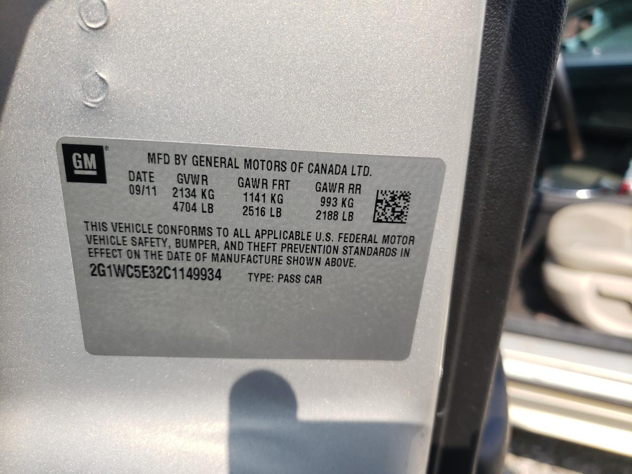 Photo 10 from auction – 2012 CHEVROLET IMPALA LTZ with VIN 2G1WC5E32C1149934