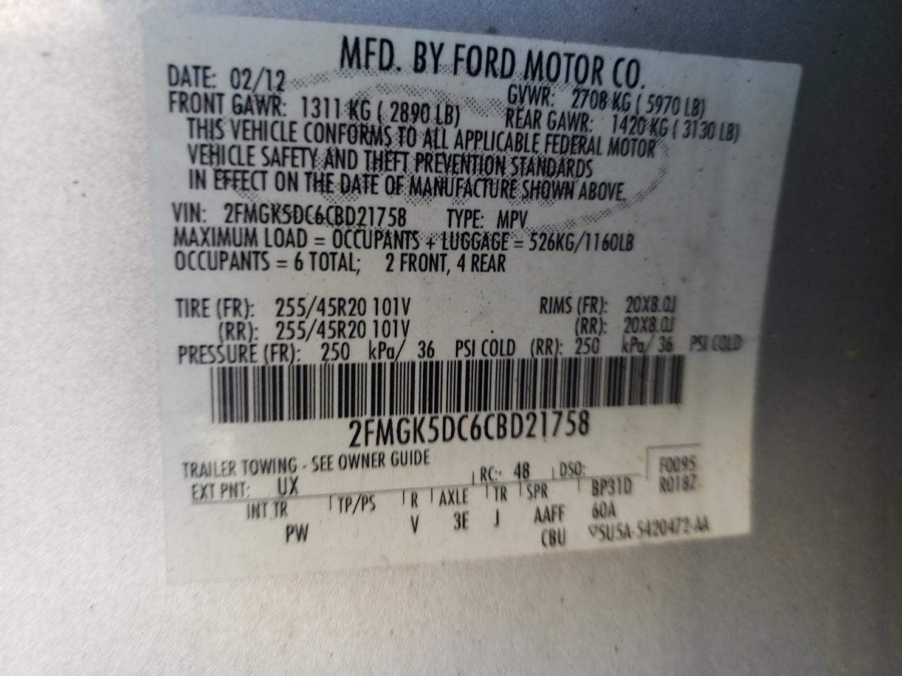 Photo 10 from auction – 2012 FORD FLEX LIMIT with VIN 2FMGK5DC6CBD21758