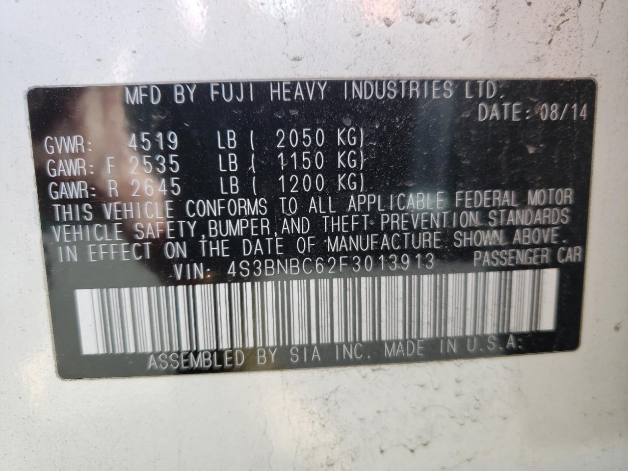Photo 10 from auction – 2015 SUBARU LEGACY 2.5 with VIN 4S3BNBC62F3013913