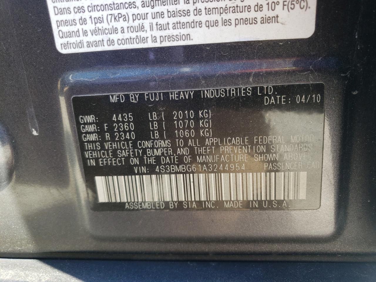 Photo 10 from auction – 2010 SUBARU LEGACY 2.5 with VIN 4S3BMBG61A3244954
