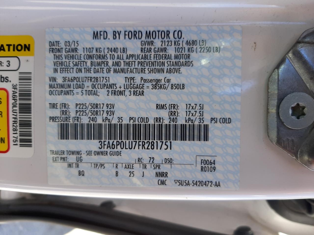 Photo 10 from auction – 2015 FORD FUSION SE with VIN 3FA6P0LU7FR281751