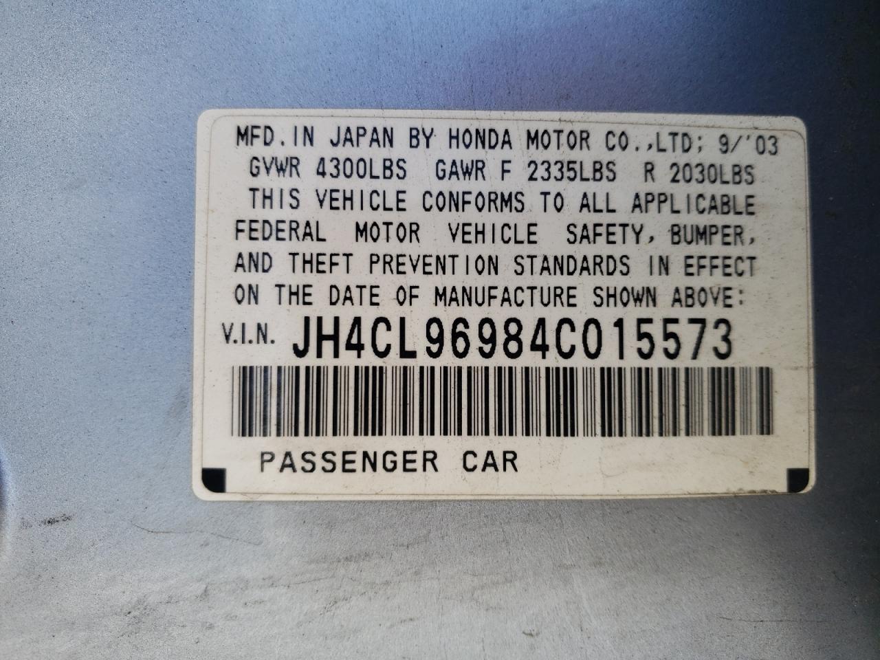Photo 11 from auction – 2004 ACURA TSX with VIN JH4CL96984C015573