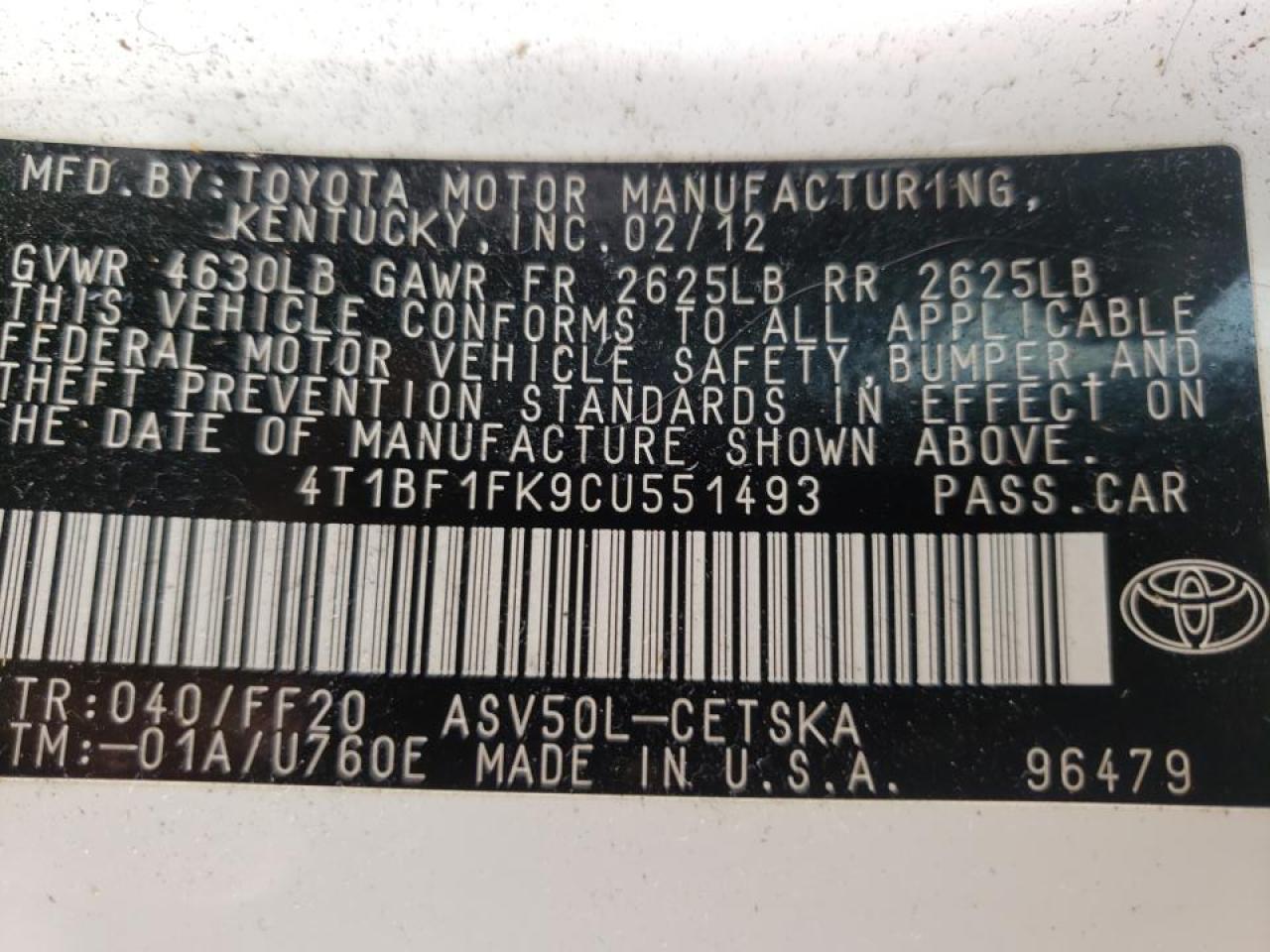 Photo 10 from auction – 2012 TOYOTA CAMRY BASE with VIN 4T1BF1FK9CU551493