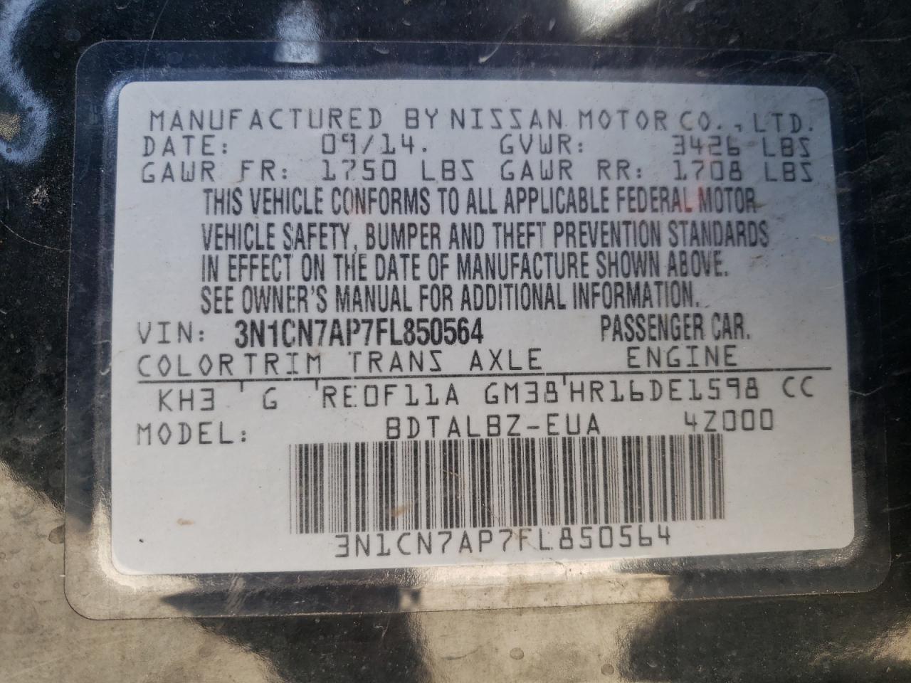 Photo 10 from auction – 2015 NISSAN VERSA S with VIN 3N1CN7AP7FL850564