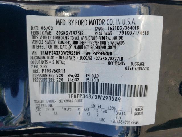 Photo 10 from auction – 2003 FORD FOCUS SE C with VIN 1FAFP34373W293589