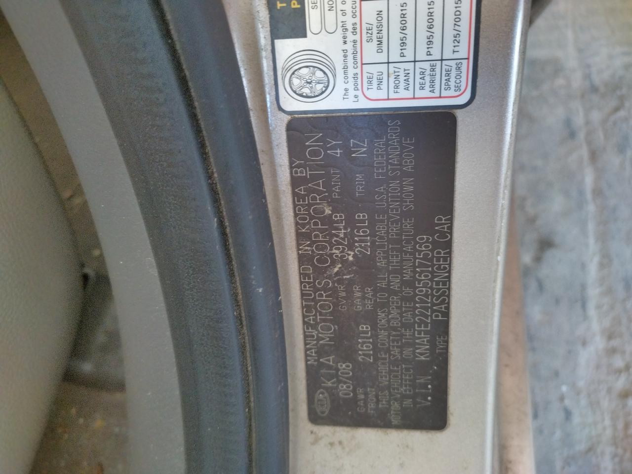 Photo 10 from auction – 2009 KIA SPECTRA EX with VIN KNAFE221295617569