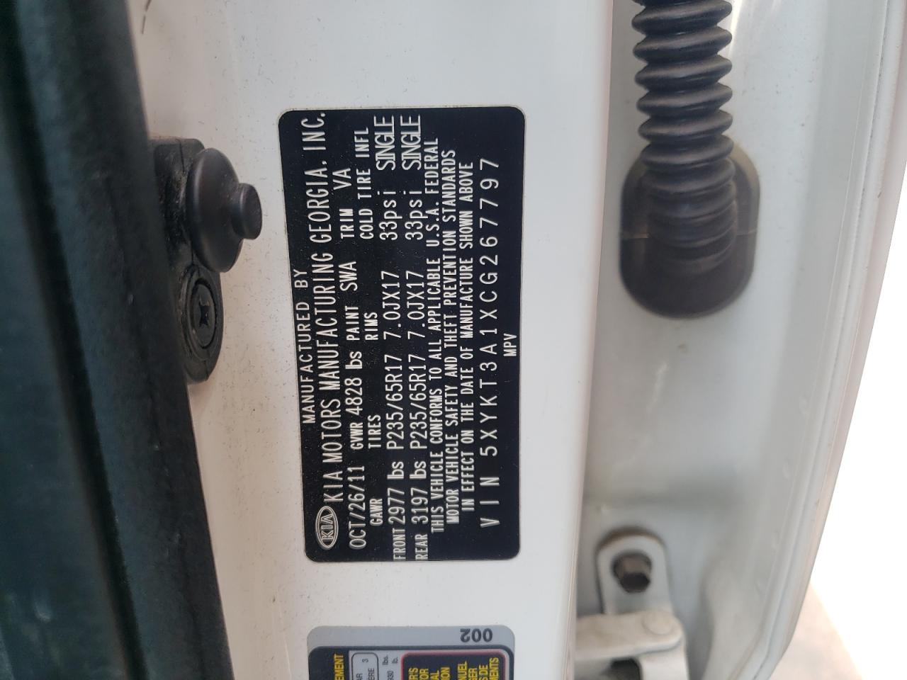 Photo 10 from auction – 2012 KIA SORENTO BA with VIN 5XYKT3A1XCG267797