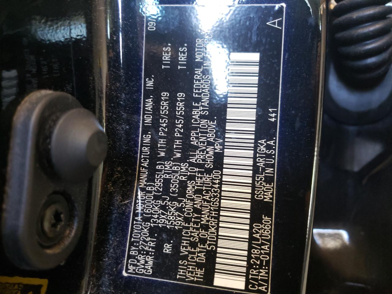 Photo 20 from auction – 2016 TOYOTA HIGHLANDER with VIN 5TDDKRFH1GS334400