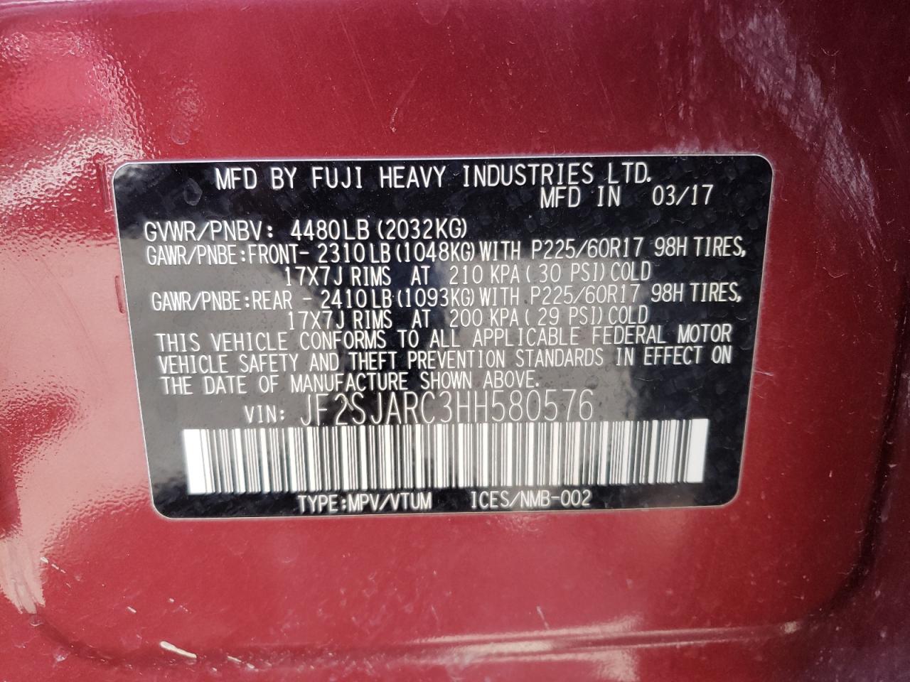 Photo 10 from auction – 2017 SUBARU FORESTER 2 with VIN JF2SJARC3HH580576