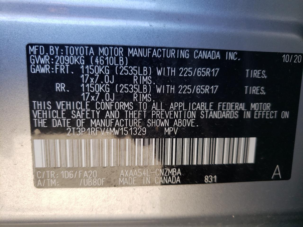 Photo 10 from auction – 2021 TOYOTA RAV4 XLE with VIN 2T3P1RFV4MW151329