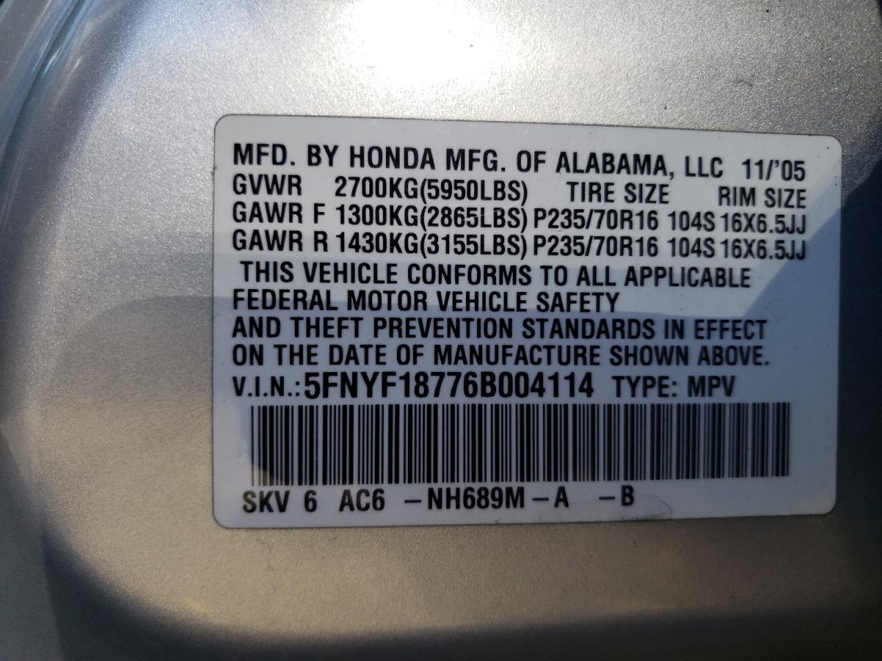 Photo 10 from auction – 2006 HONDA PILOT EX with VIN 5FNYF18776B004114