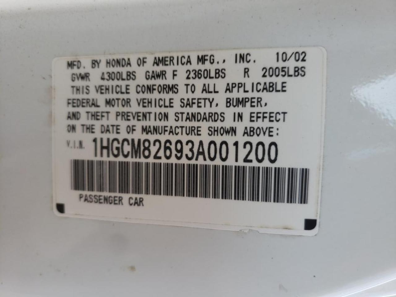 Photo 10 from auction – 2003 HONDA ACCORD EX with VIN 1HGCM82693A001200