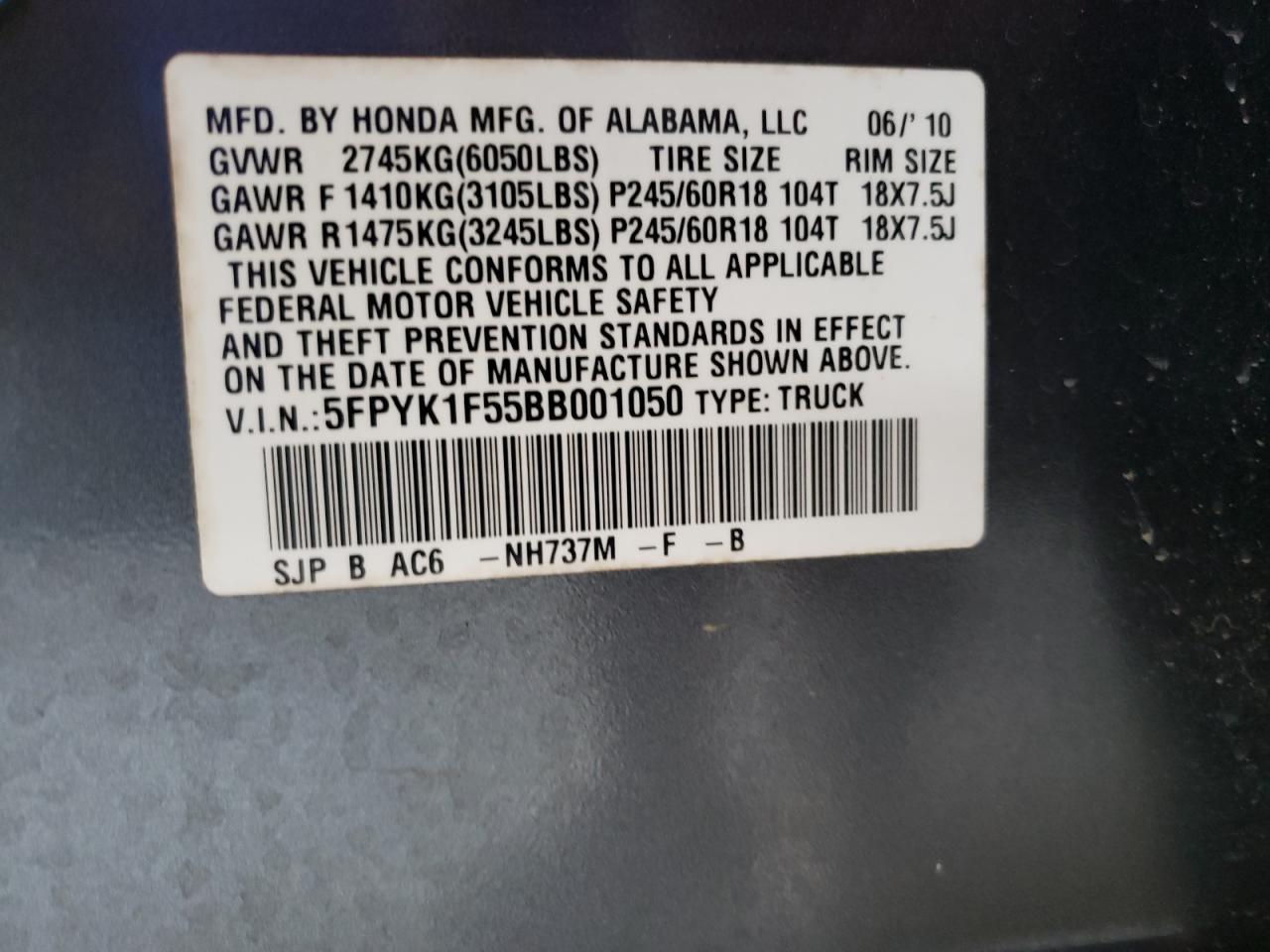 Photo 10 from auction – 2011 HONDA RIDGELINE with VIN 5FPYK1F55BB001050