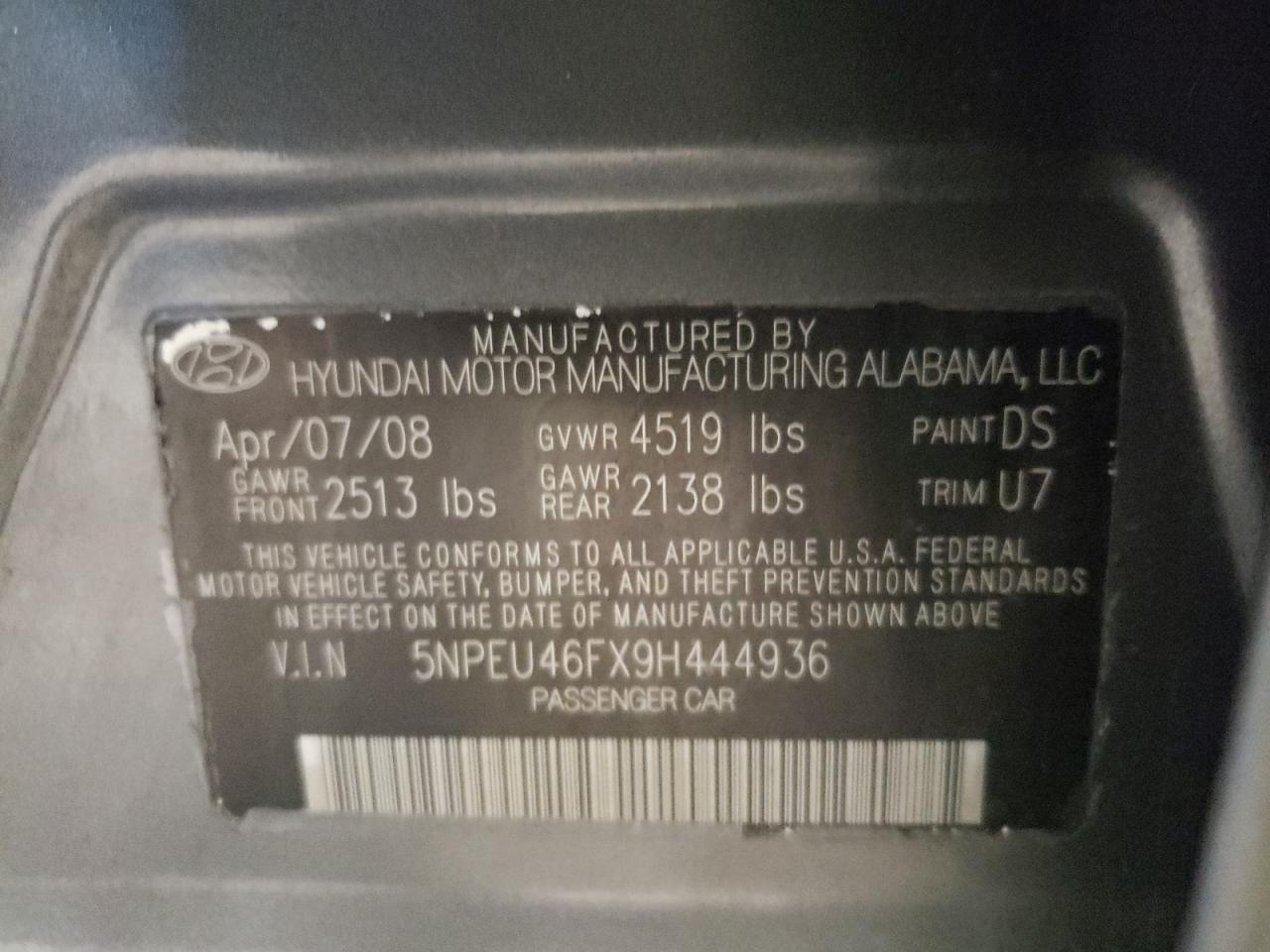 Photo 10 from auction – 2009 HYUNDAI SONATA SE with VIN 5NPEU46FX9H444936