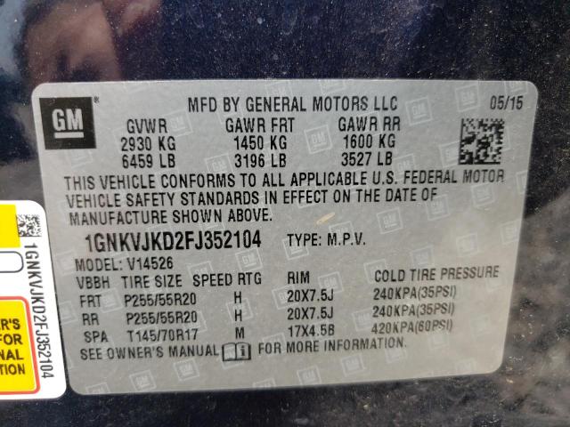 Photo 10 from auction – 2015 CHEVROLET TRAVERSE L with VIN 1GNKVJKD2FJ352104