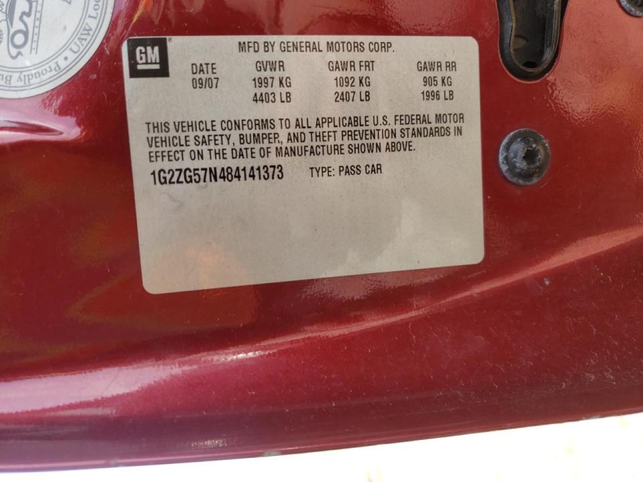 Photo 10 from auction – 2008 PONTIAC G6 BASE with VIN 1G2ZG57N484141373