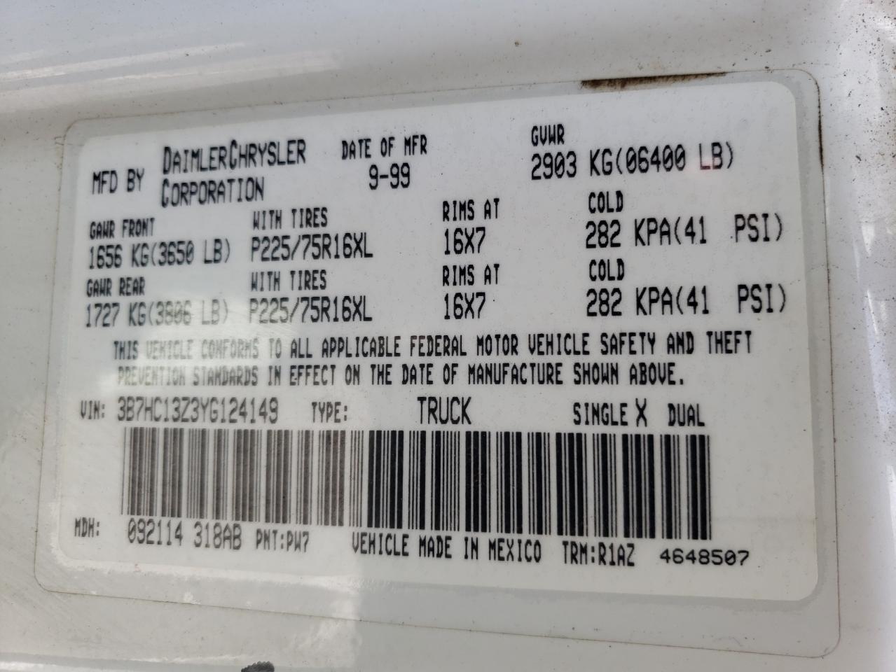 Photo 10 from auction – 2000 DODGE RAM 1500 with VIN 3B7HC13Z3YG124149