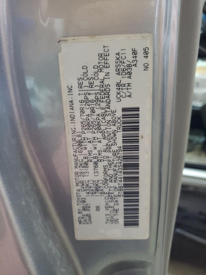 Photo 10 from auction – 2003 TOYOTA TUNDRA ACC with VIN 5TBBT44143S426794
