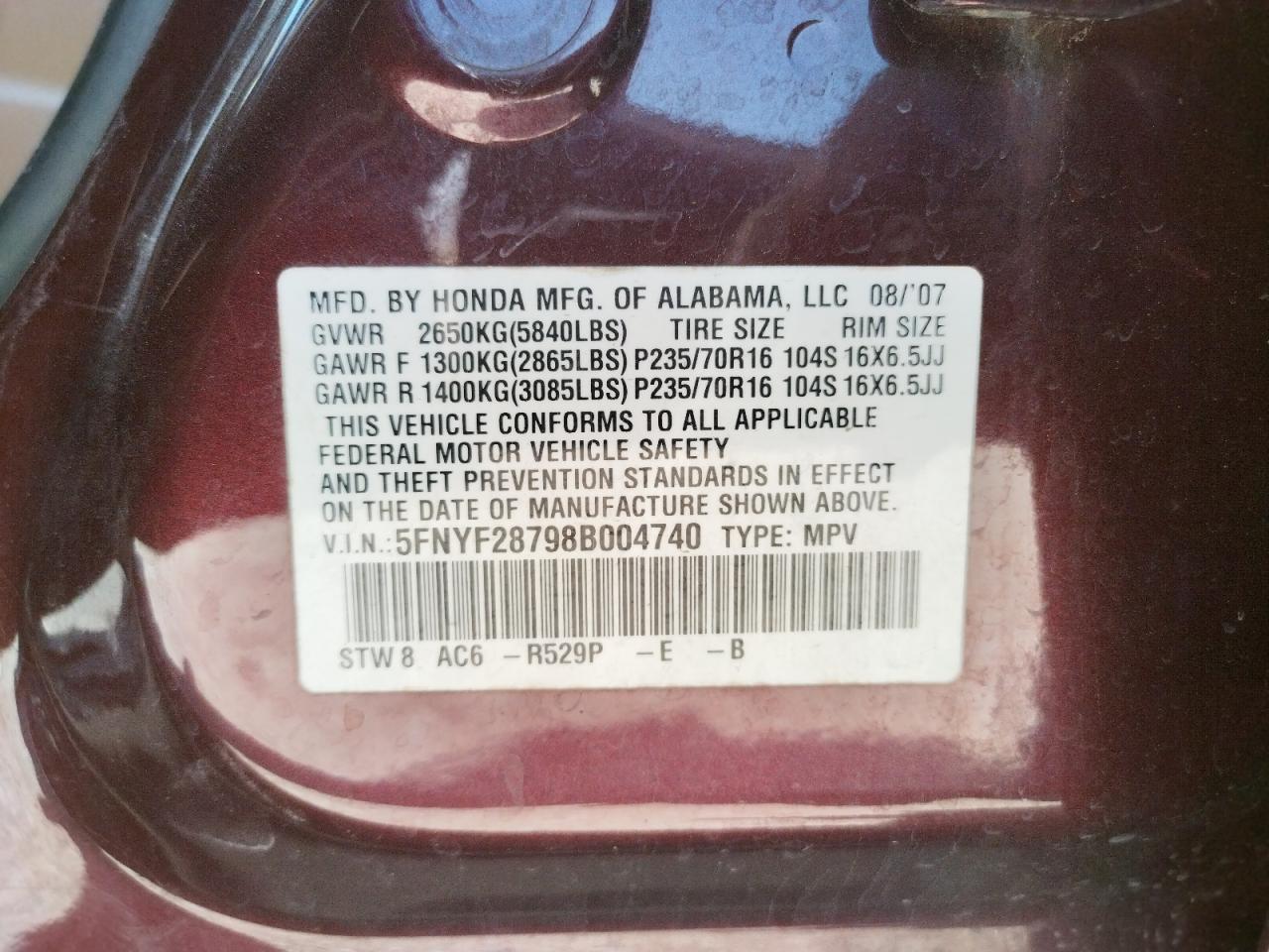 Фото 10 с аукциона – 2008 HONDA PILOT EXL с VIN 5FNYF28798B004740