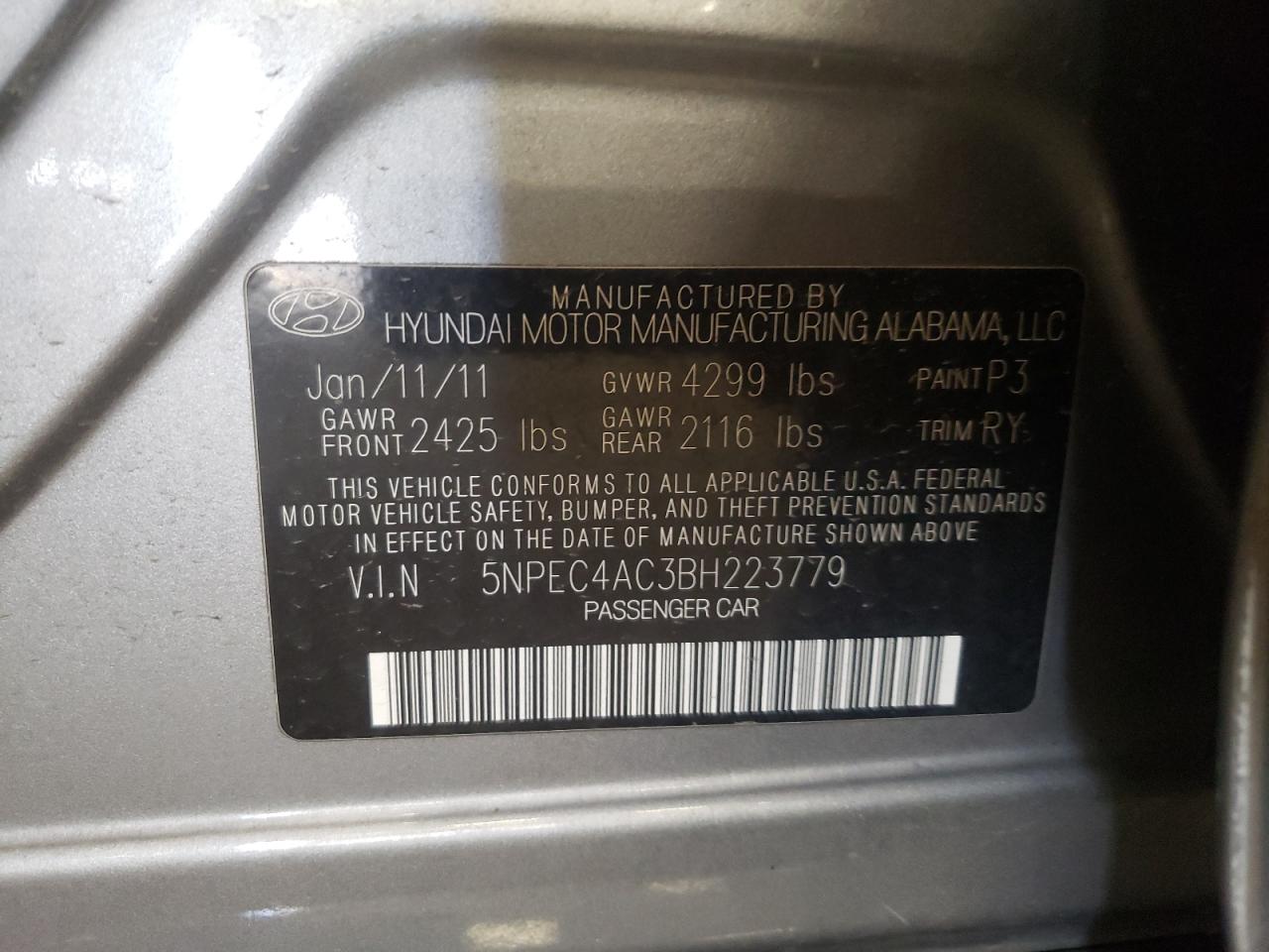 Photo 10 from auction – 2011 HYUNDAI SONATA with VIN 5NPEC4AC3BH223779