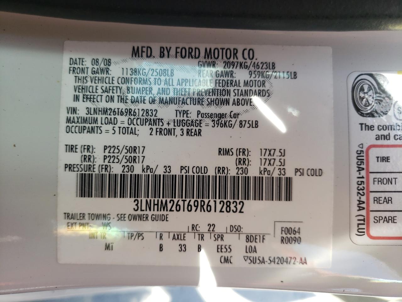 Photo 10 from auction – 2009 LINCOLN MKZ with VIN 3LNHM26T69R612832