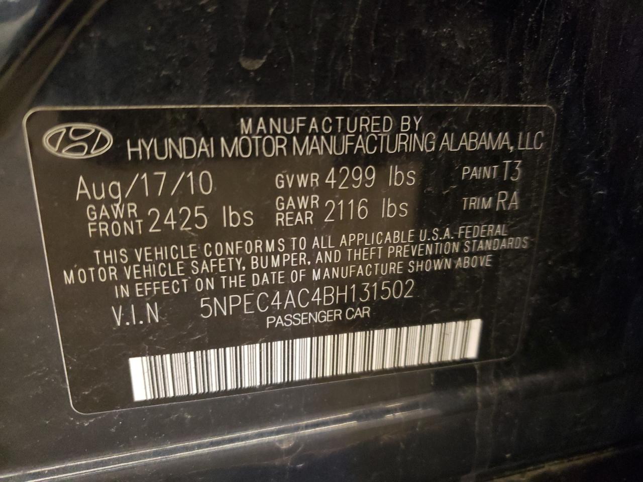 Photo 10 from auction – 2011 HYUNDAI SONATA SE with VIN 5NPEC4AC4BH131502