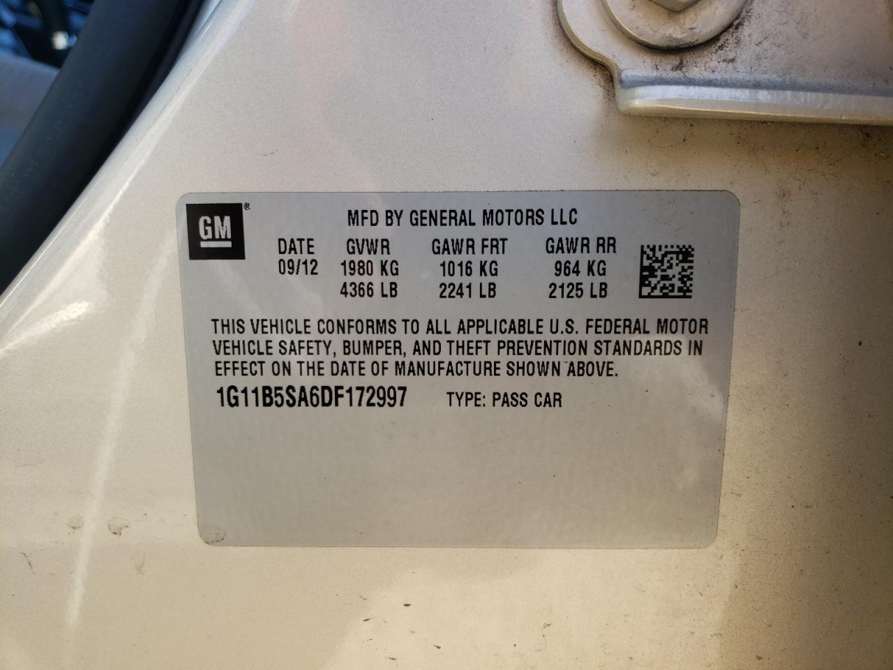 Photo 10 from auction – 2013 CHEVROLET MALIBU LS with VIN 1G11B5SA6DF172997