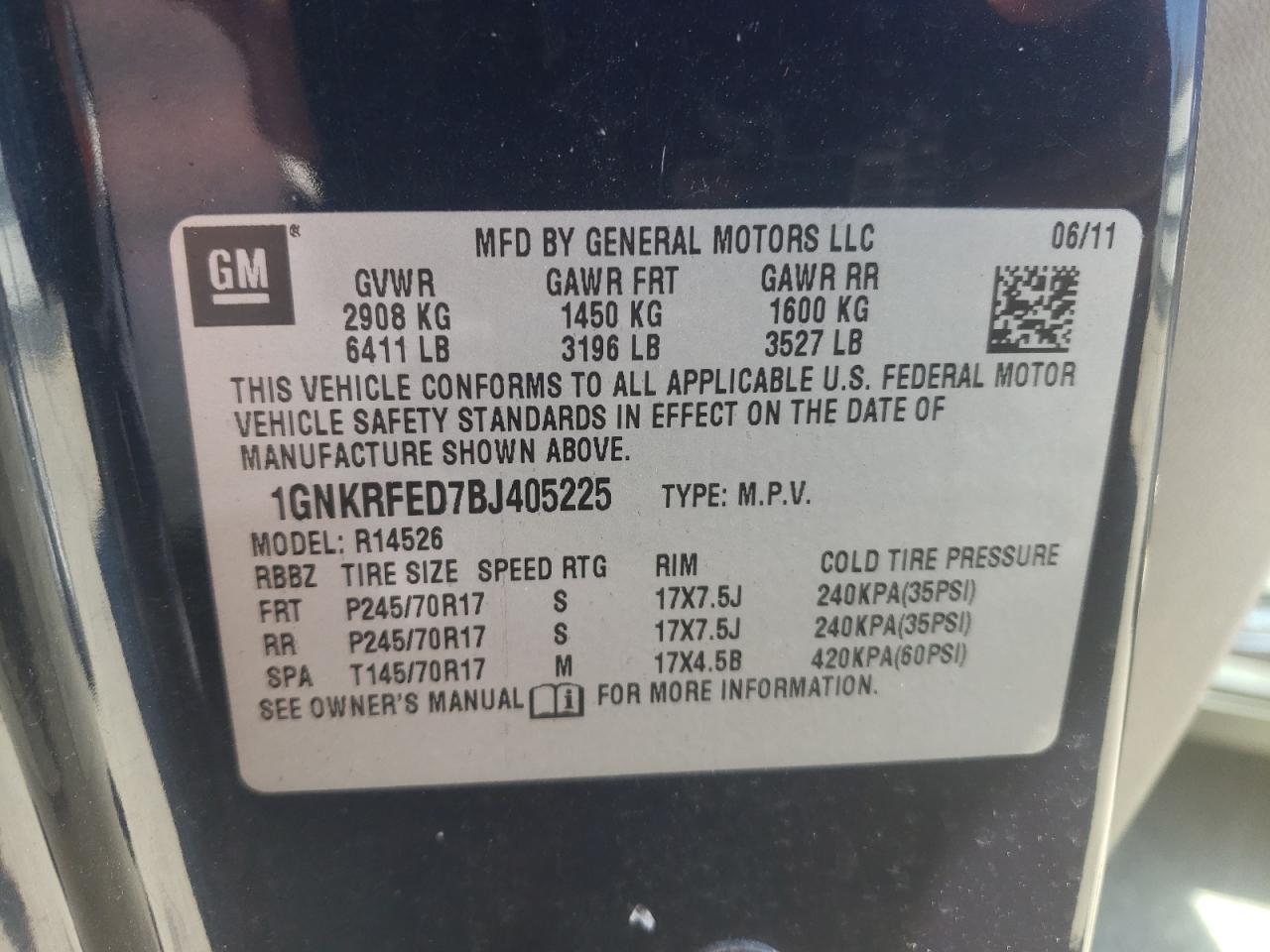 Photo 10 from auction – 2011 CHEVROLET TRAVERSE L with VIN 1GNKRFED7BJ405225