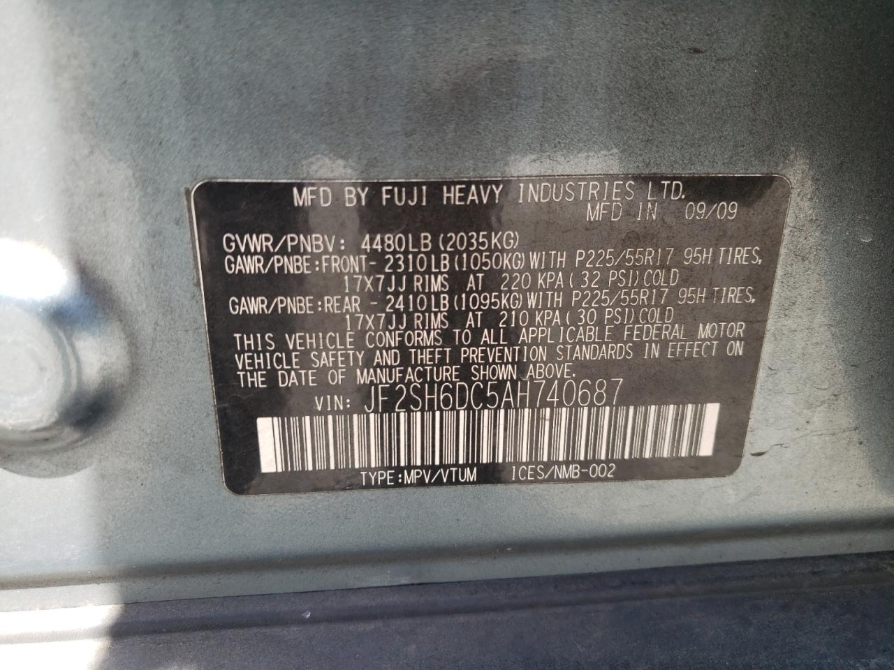 Photo 10 from auction – 2010 SUBARU FORESTER 2 with VIN JF2SH6DC5AH740687