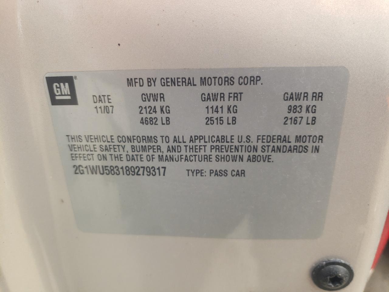 Photo 10 from auction – 2008 CHEVROLET IMPALA LTZ with VIN 2G1WU583189279317