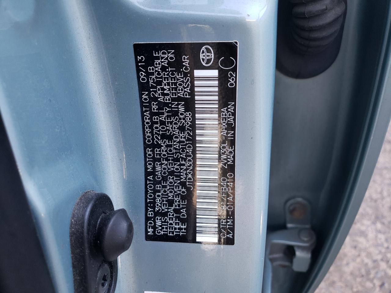 Photo 10 from auction – 2013 TOYOTA PRIUS with VIN JTDKN3DU4D1727988
