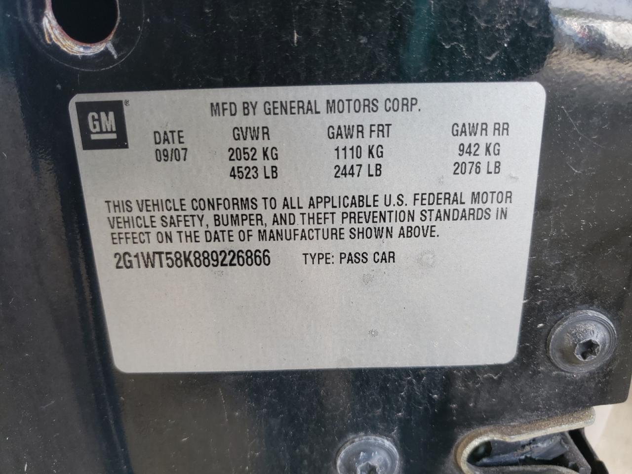 Photo 10 from auction – 2008 CHEVROLET IMPALA LT with VIN 2G1WT58K889226866