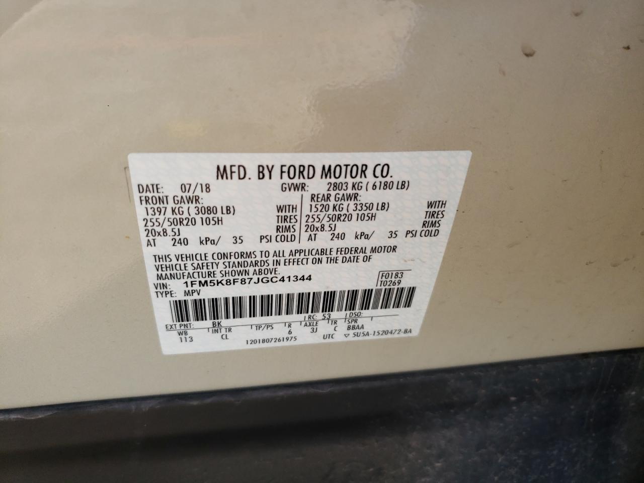 Photo 10 from auction – 2018 FORD EXPLORER L with VIN 1FM5K8F87JGC41344