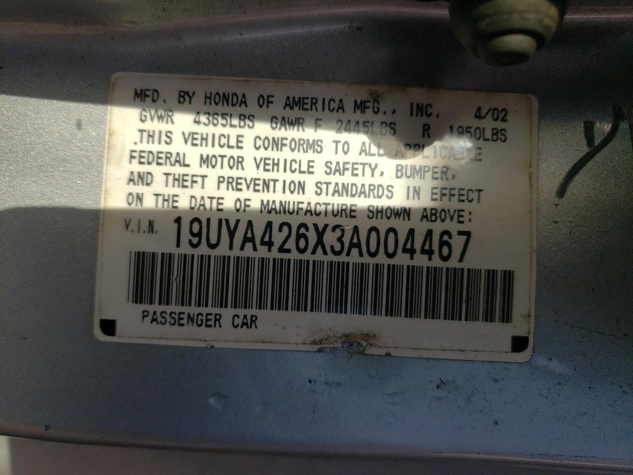 Photo 10 from auction – 2003 ACURA 3.2CL TYPE with VIN 19UYA426X3A004467