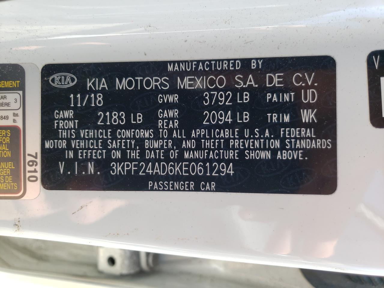 Photo 10 from auction – 2019 KIA FORTE FE with VIN 3KPF24AD6KE061294