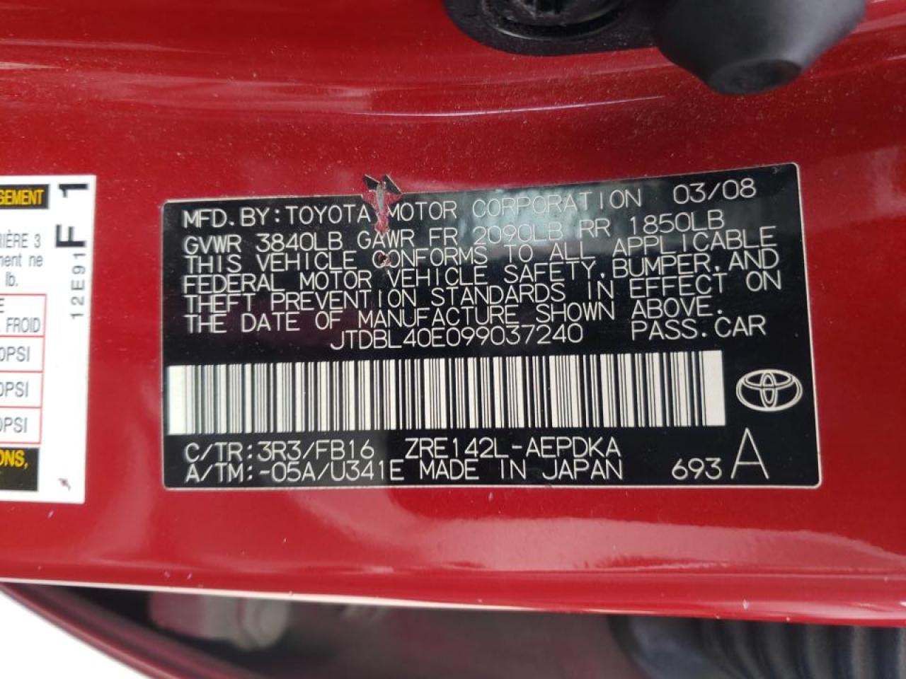 Photo 10 from auction – 2009 TOYOTA COROLLA BA with VIN JTDBL40E099037240