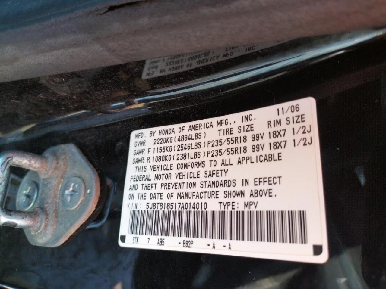 Photo 15 from auction – 2007 ACURA RDX TECHNO with VIN 5J8TB18517A014010