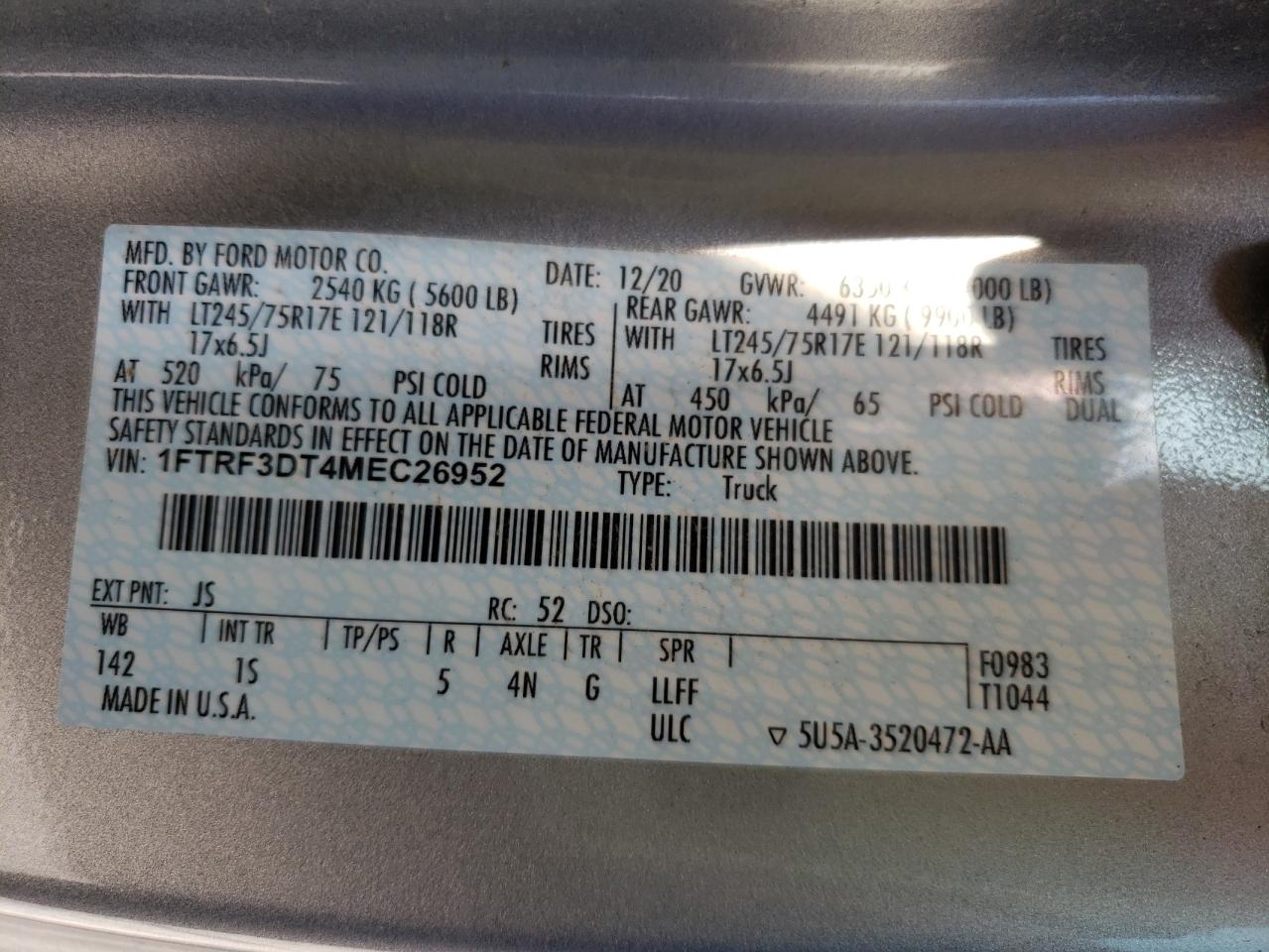 Photo 10 from auction – 2021 FORD F350 with VIN 1FTRF3DT4MEC26952