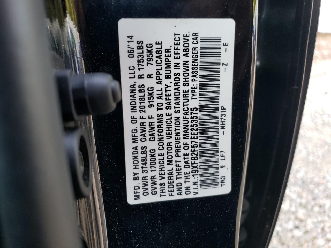 Photo 10 from auction – 2014 HONDA CIVIC LX with VIN 19XFB2F57EE253575