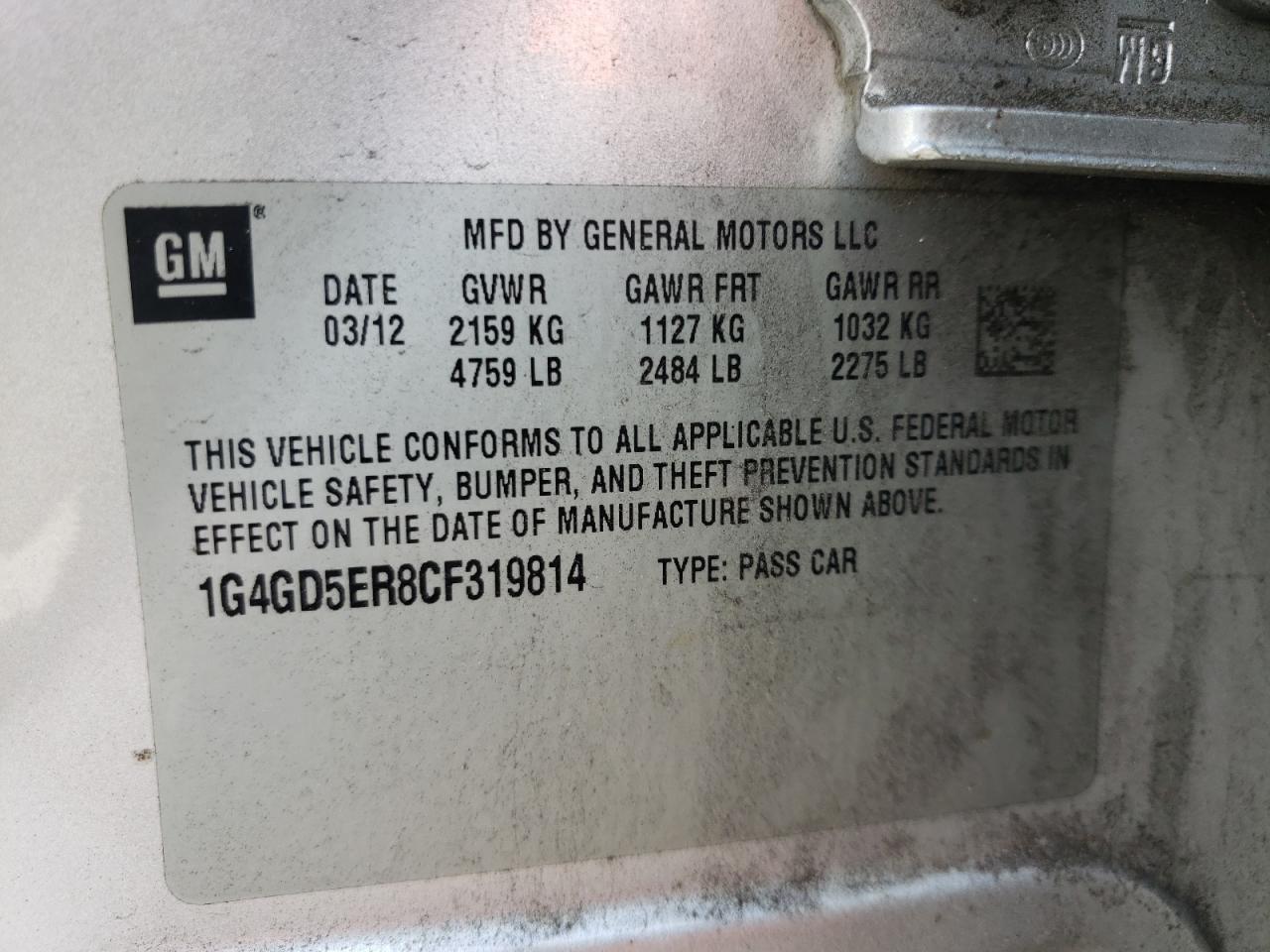 Photo 10 from auction – 2012 BUICK LACROSSE P with VIN 1G4GD5ER8CF319814