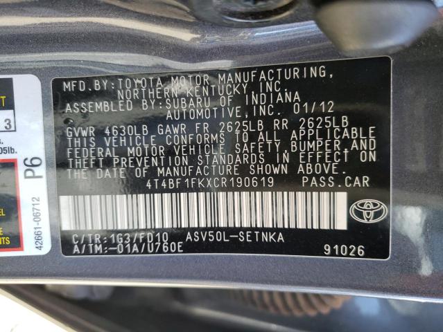 Photo 10 from auction – 2012 TOYOTA CAMRY with VIN 4T4BF1FKXCR190619