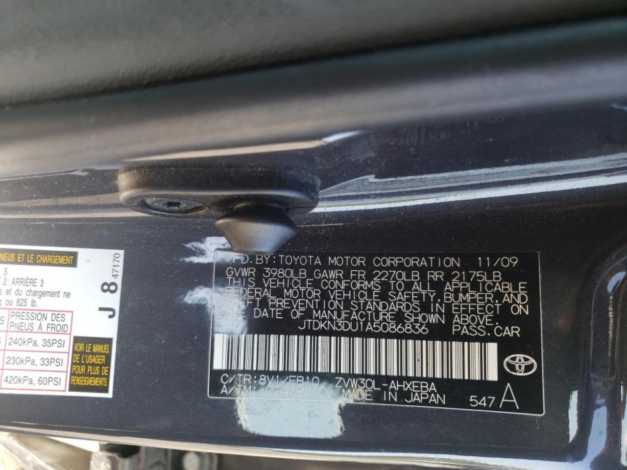 Photo 10 from auction – 2010 TOYOTA PRIUS with VIN JTDKN3DU1A5086836