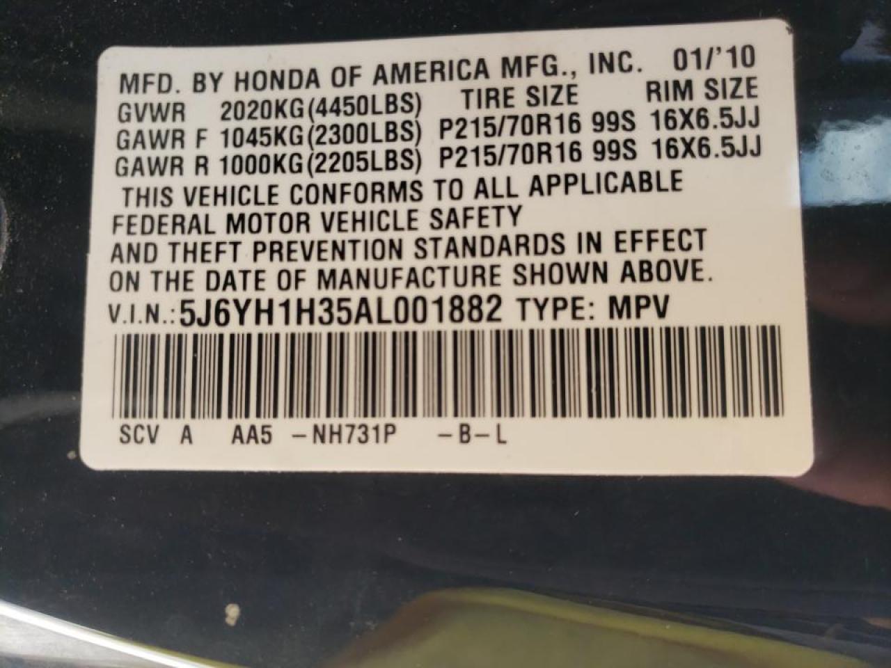 Photo 10 from auction – 2010 HONDA ELEMENT LX with VIN 5J6YH1H35AL001882