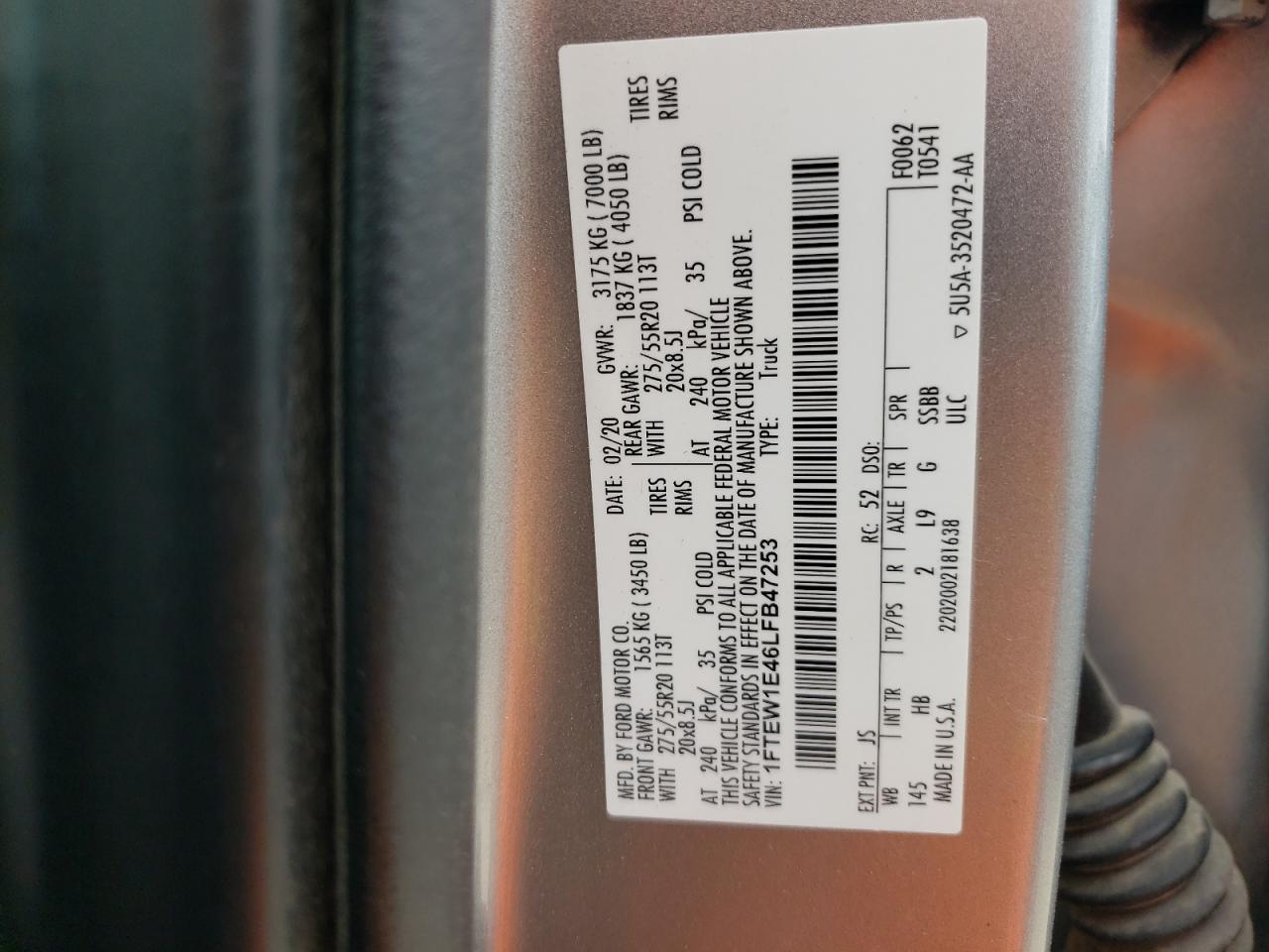 Photo 10 from auction – 2020 FORD F150 SUPER with VIN 1FTEW1E46LFB47253