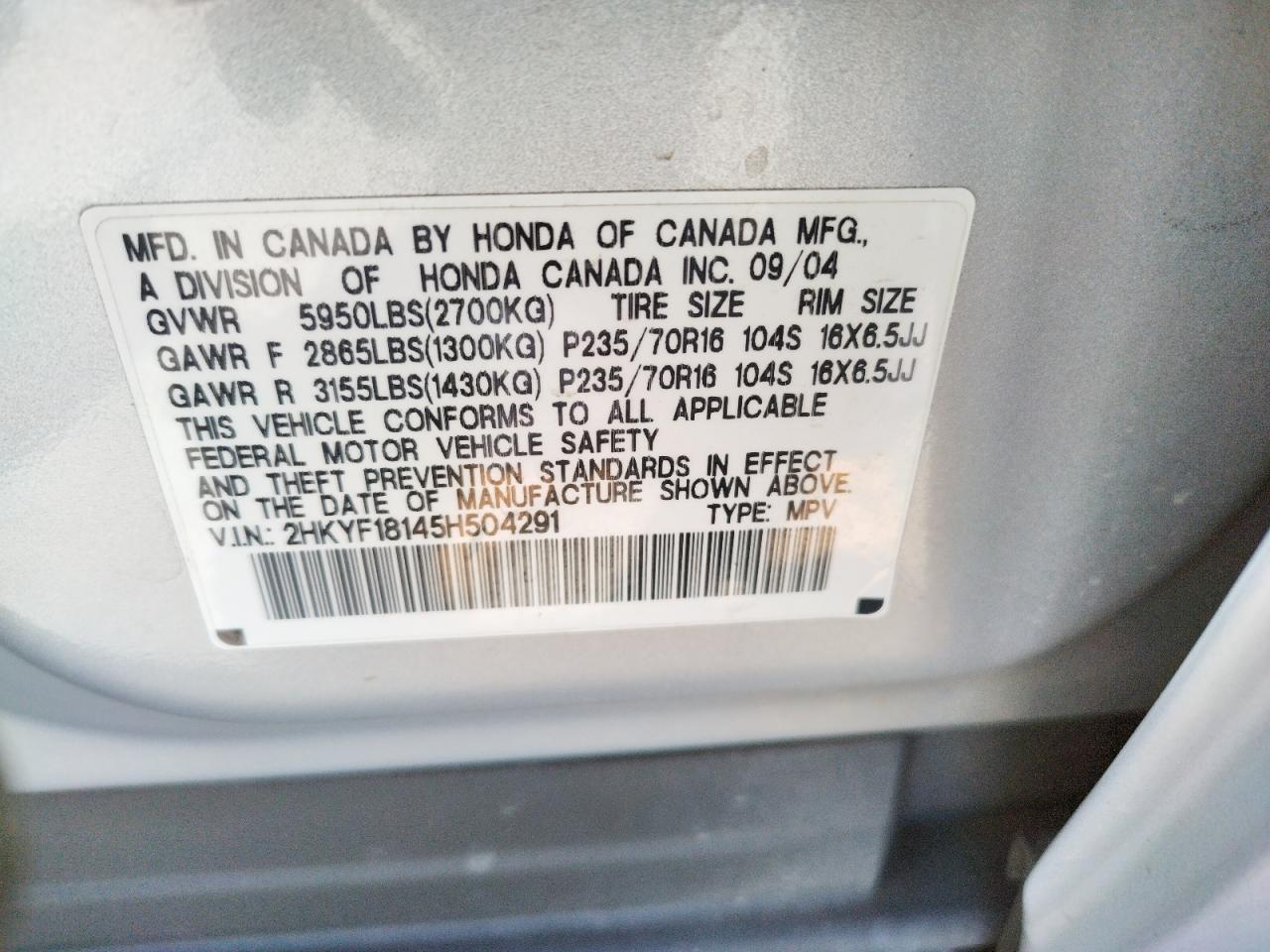 Photo 10 from auction – 2005 HONDA PILOT LX with VIN 2HKYF18145H504291