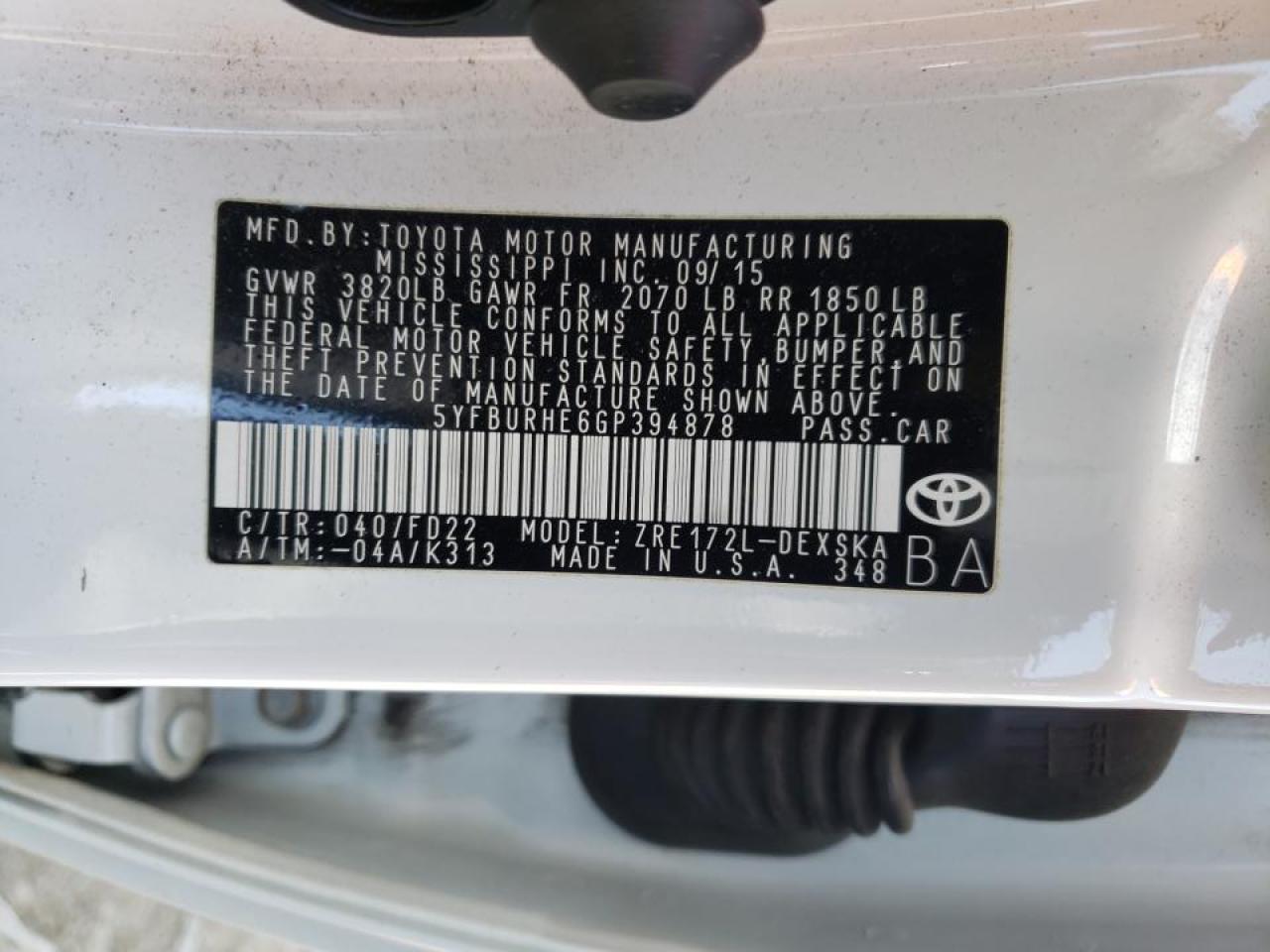 Photo 10 from auction – 2016 TOYOTA COROLLA L with VIN 5YFBURHE6GP394878