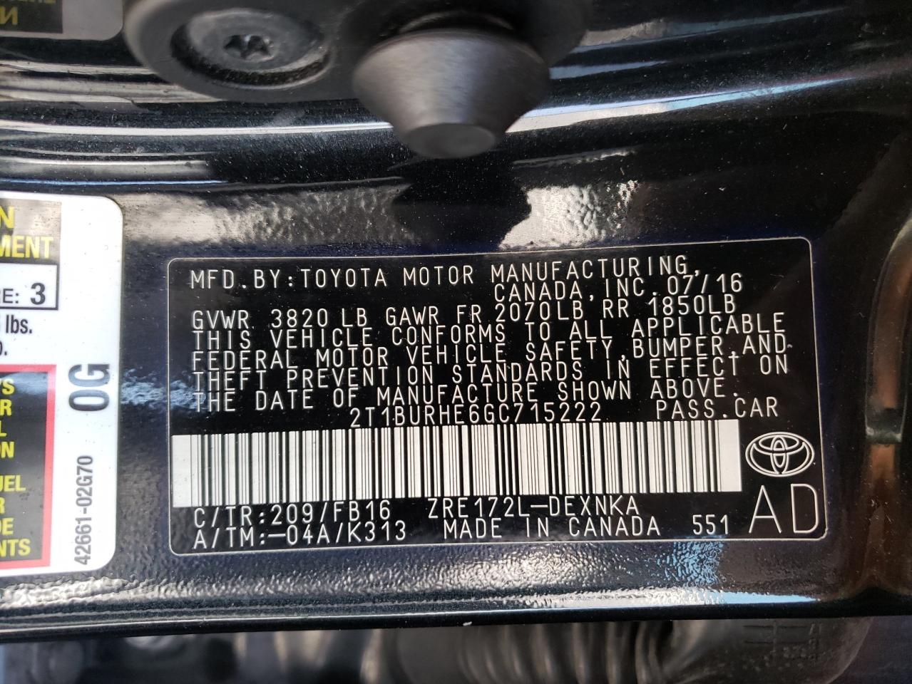 Photo 10 from auction – 2016 TOYOTA COROLLA L with VIN 2T1BURHE6GC715222