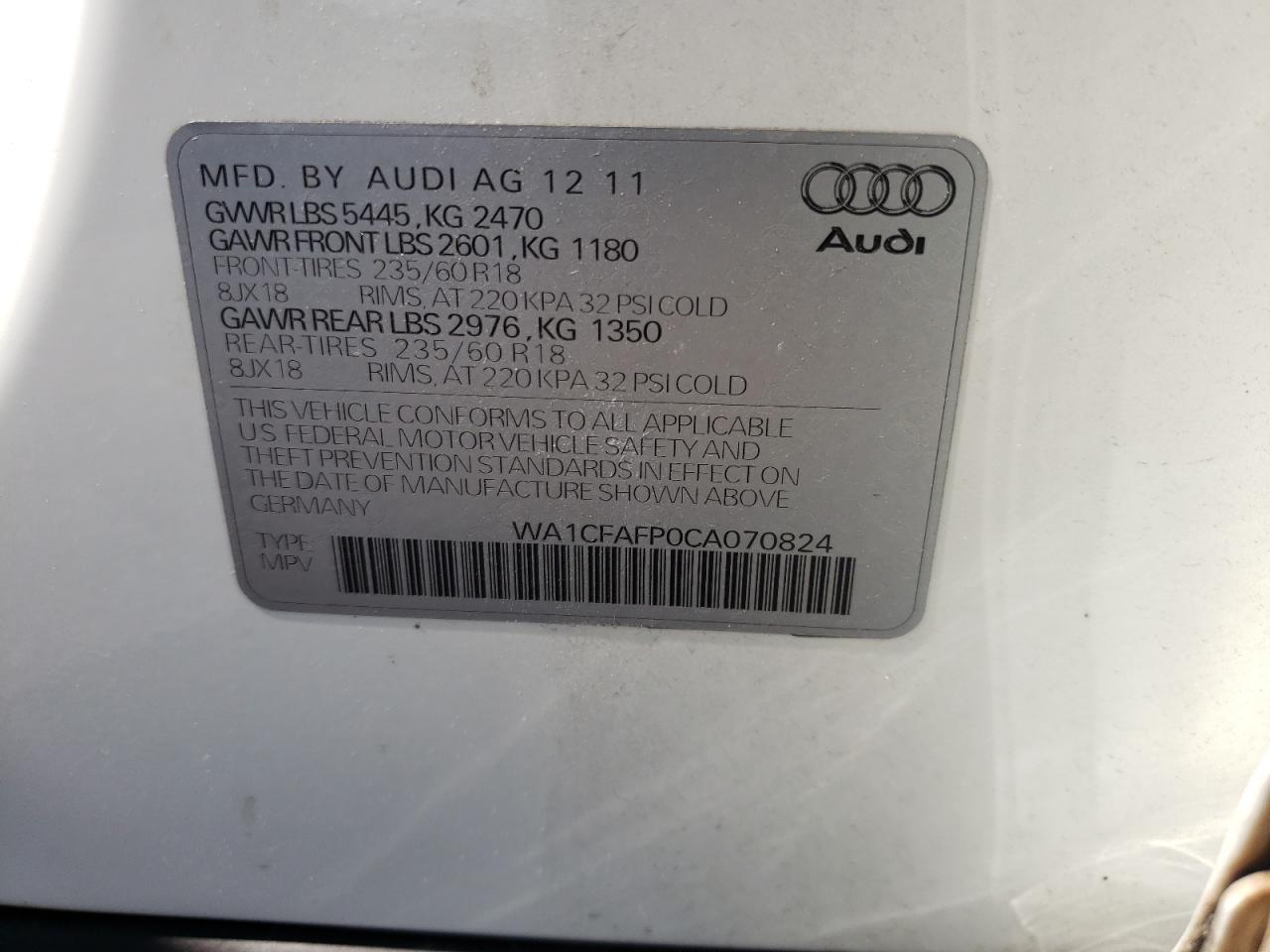 Photo 10 from auction – 2012 AUDI Q5 PREMIUM with VIN WA1CFAFP0CA070824