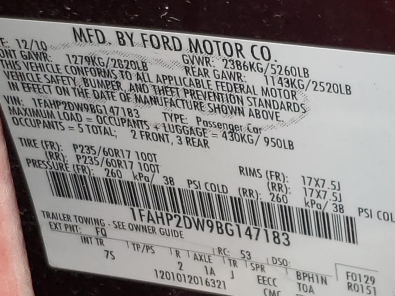 Photo 10 from auction – 2011 FORD TAURUS SE with VIN 1FAHP2DW9BG147183