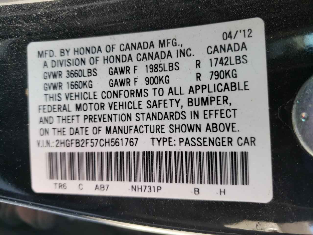 Photo 10 from auction – 2012 HONDA CIVIC LX with VIN 2HGFB2F57CH561767